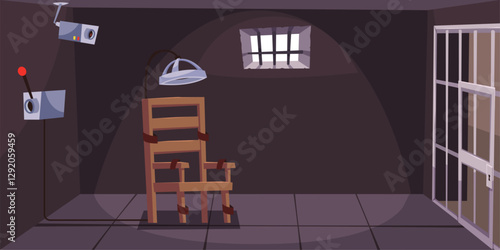 Electric chair in prison cell. Empty capital punishment for death killer and murderer. Jail interior, violation of law. Horizontal background. Cartoon flat style isolated vector concept