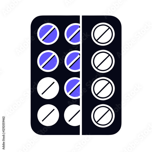 An icon features a grid design displaying multiple pills in varying colors and markings. Each section represents different medications, highlighting their distinct uses