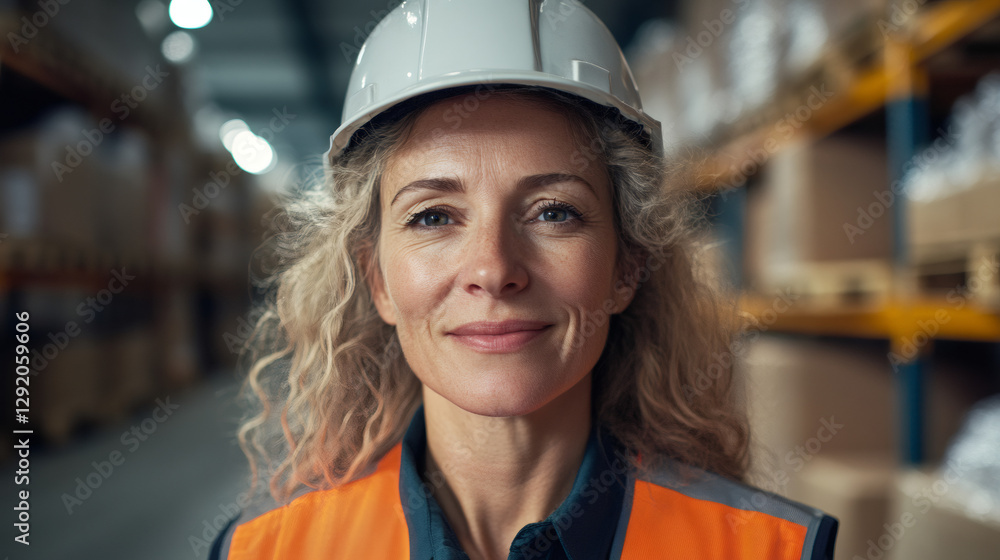 Mature worker wearing hardhat, safety vest, smiling confidently at industrial workplace Mature worker wearing hardhat, safety vest, smiling confidently at industrial workplace