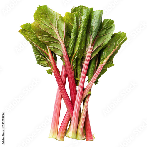 Fresh rhubarb stalks with vibrant green leaves isolated on a Transparent background perfect for culinary uses, Rhubarb stalks isolated on PNG background photo