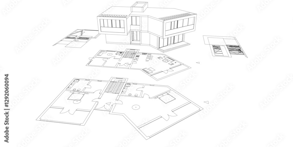 Futuristic Architectural Wireframe. Abstract Modern Building Design in Digital Sketch Style Futuristic Architectural Wireframe. Abstract Modern Building Design in Digital Sketch Style