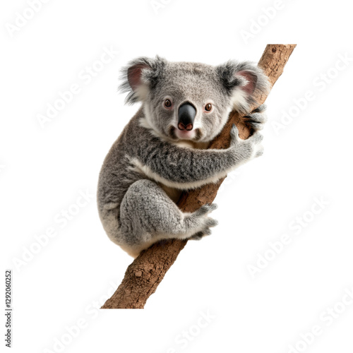 Cute koala bear clinging to a tree branch, isolated on transparent background.