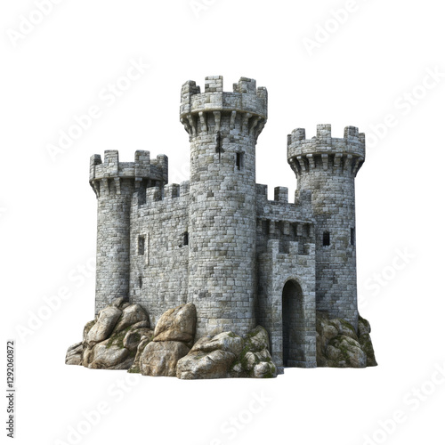 Medieval stone castle with several watchtowers, isolated on a transparent background. Ideal for historical, architectural and fantasy themes, png