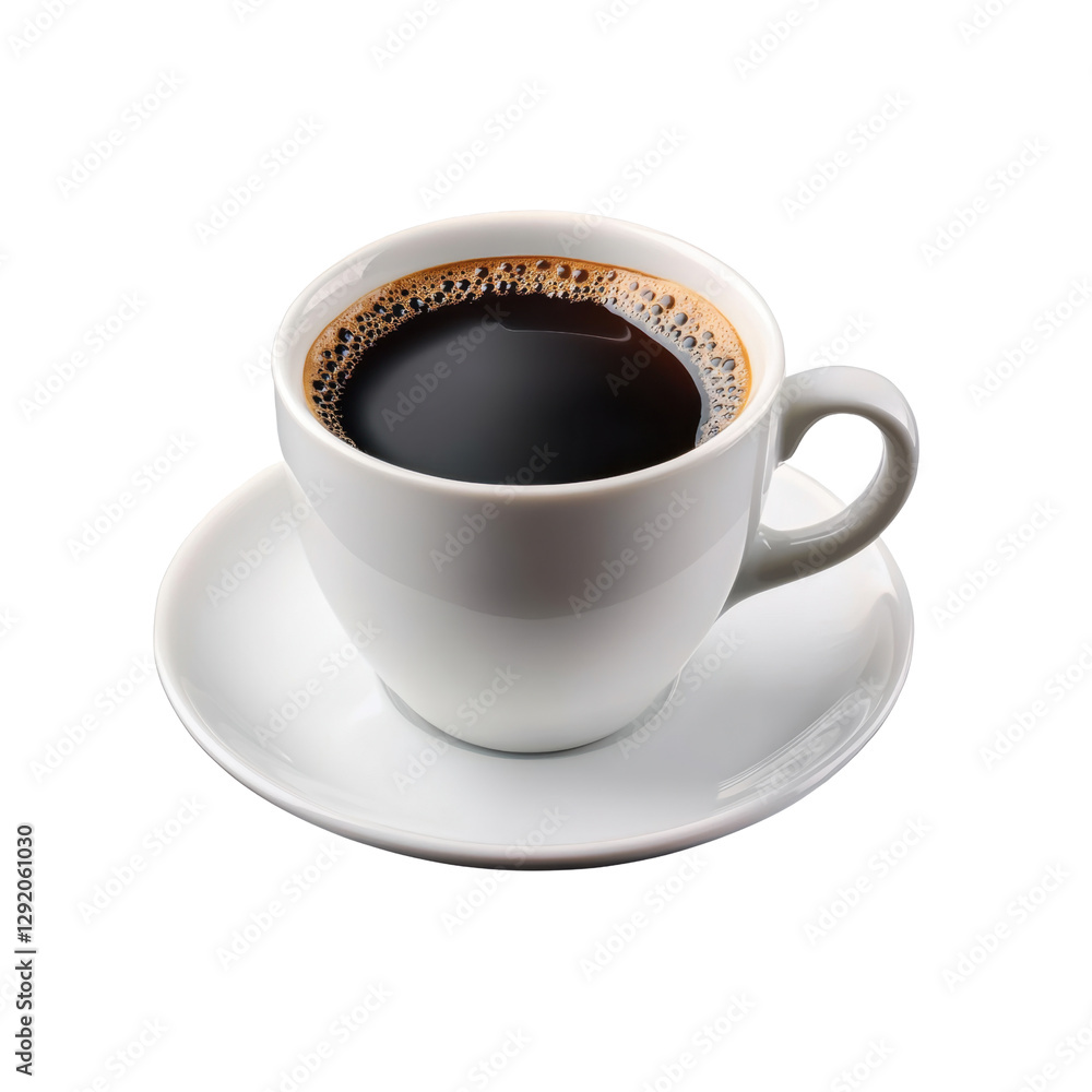 White ceramic cup filled with hot black coffee on a matching saucer, isolated on transparent background, png