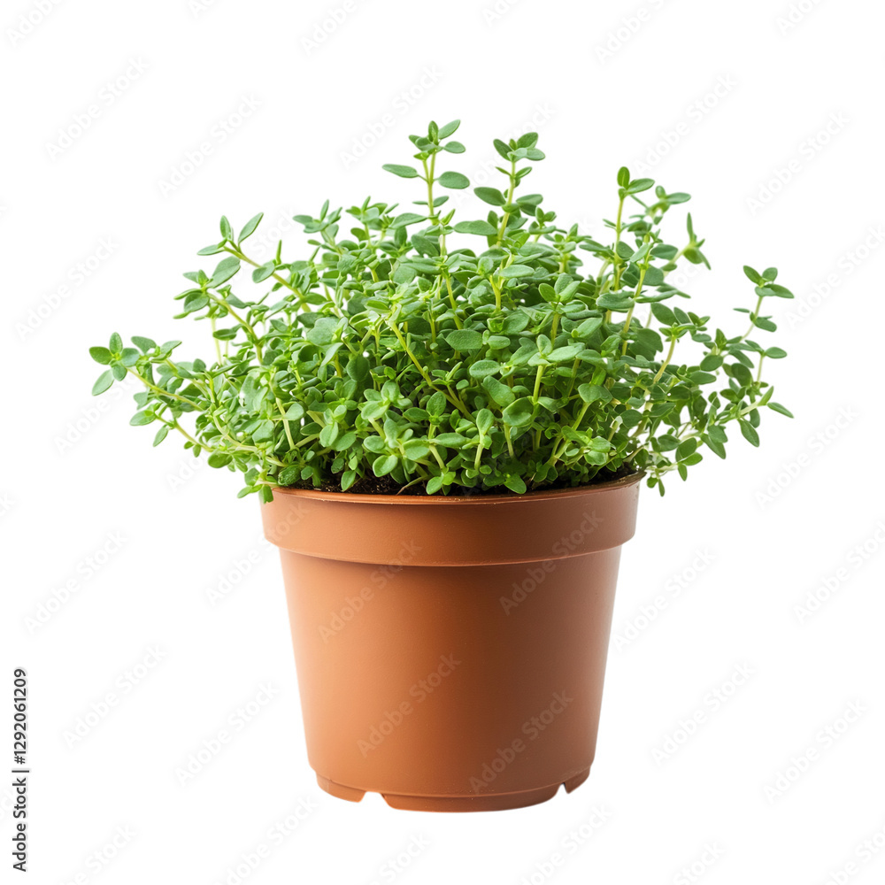 A Small Potted Thyme Plant with Aromatic Green Leaves Isolated on Transparent Background A Small Potted Thyme Plant with Aromatic Green Leaves Isolated on Transparent Background