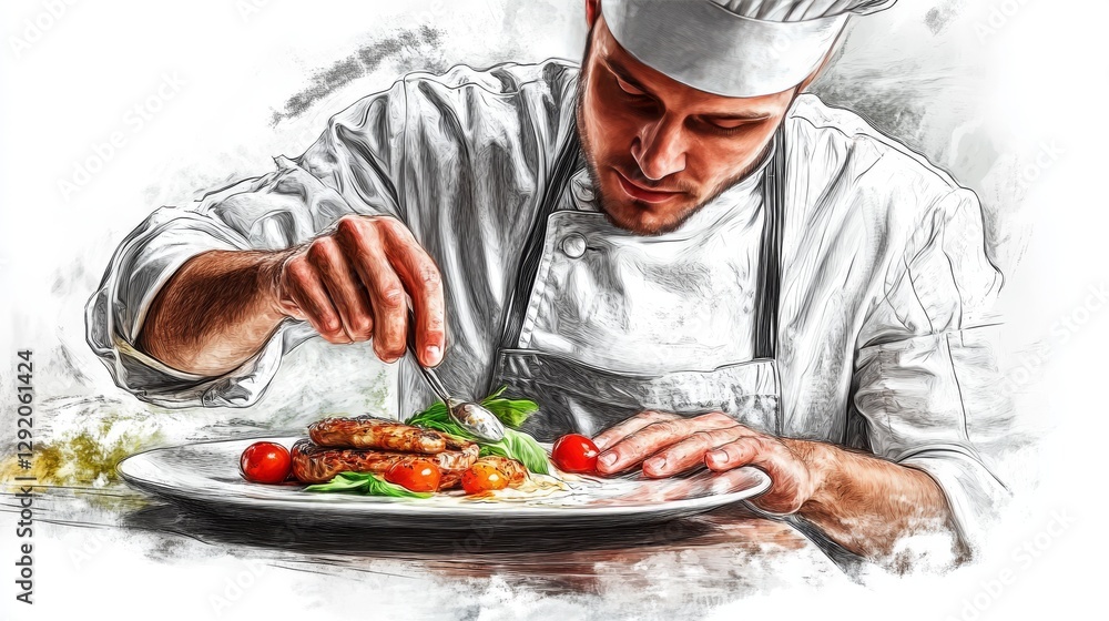 Closeup of a concentrated male chef garnishing food in the kitchen. Closeup of a concentrated male chef garnishing food in the kitchen.