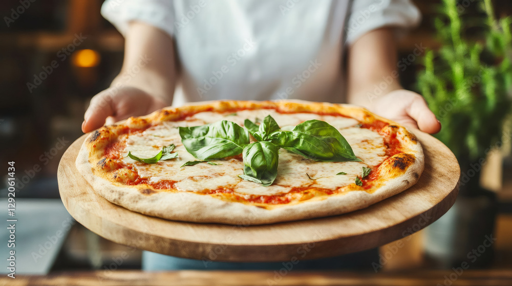 Professional chef presenting homemade margherita pizza with fresh basil on rustic wooden board Professional chef presenting homemade margherita pizza with fresh basil on rustic wooden board
