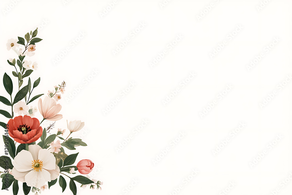 Floral corner accent featuring red, pink, and white flowers with verdant leaves, set against a clean white background, creating an elegant and fresh design. Floral corner accent featuring red, pink, and white flowers with verdant leaves, set against a clean white background, creating an elegant and fresh design.