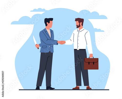 Concept business betrayal and deception. Competition on work. People on meeting, man holds a knife behind his back. Dishonesty rival. Eliminate competitor. Cartoon flat vector illustration