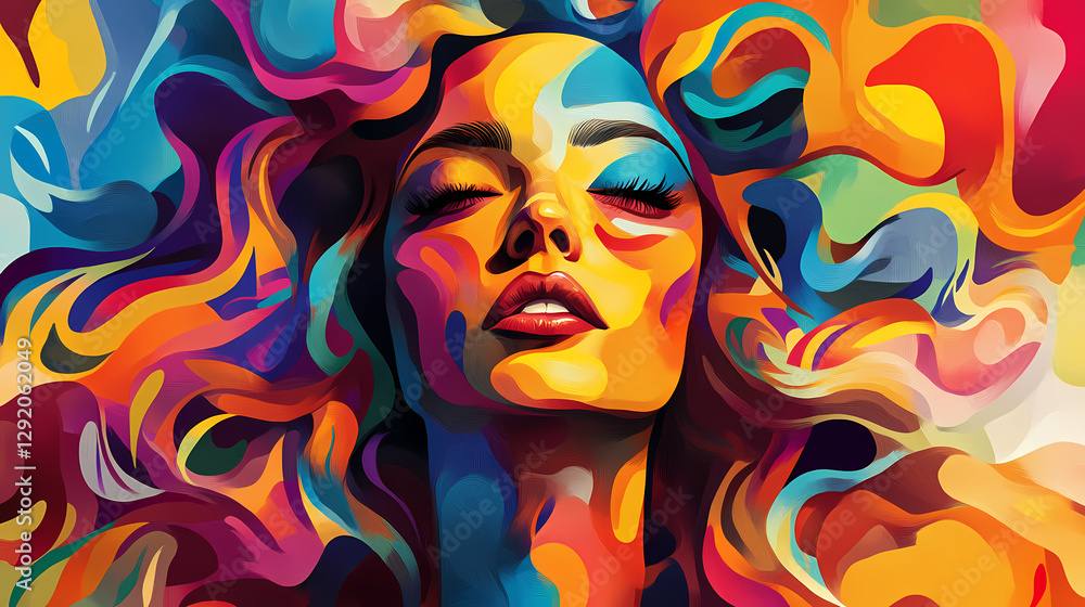 A vibrant, abstract portrait of a woman with flowing, colorful hair. Abstract Kaleidoscope Portrait. Illustration A vibrant, abstract portrait of a woman with flowing, colorful hair. Abstract Kaleidoscope Portrait. Illustration