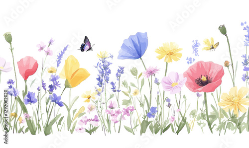 Vibrant Summer Wildflower Meadow with Poppies, Chamomile, and Butterflies Vector Illustration