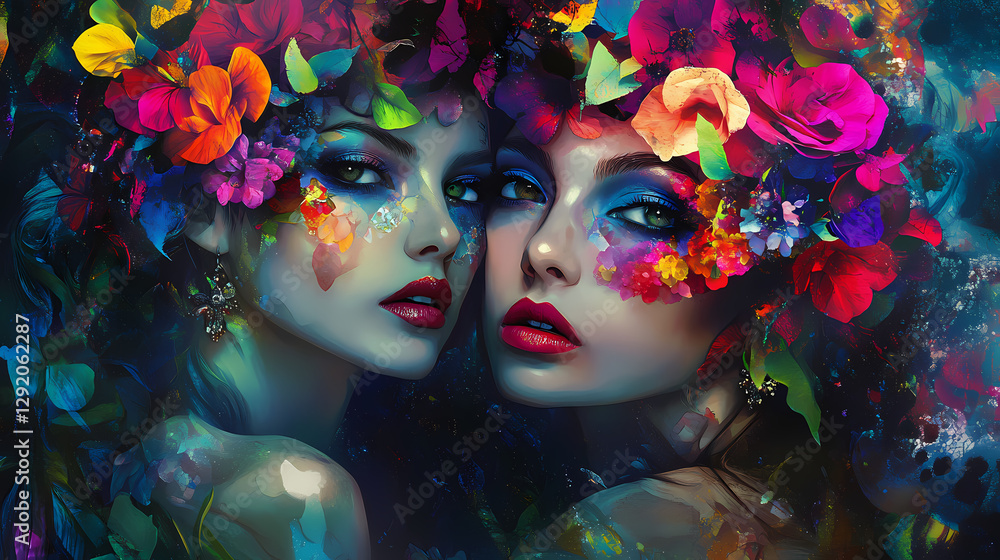 A vibrant and abstract portrait of two women with floral crowns and colorful makeup, bathed in a swirling kaleidoscope of colors and textures. Abstract Kaleidoscope Portrait. Illustration A vibrant and abstract portrait of two women with floral crowns and colorful makeup, bathed in a swirling kaleidoscope of colors and textures. Abstract Kaleidoscope Portrait. Illustration