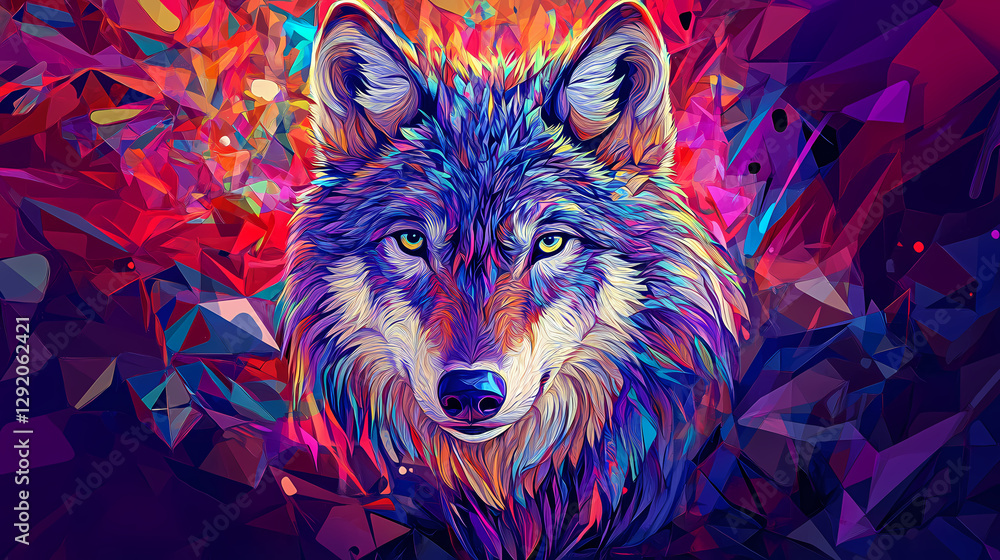 Naklejka premium A vibrant portrait of a wolf rendered in a mesmerizing abstract style, with a background composed of dynamic geometric shapes and a kaleidoscope of colors. Abstract Kaleidoscope Portrait. Illustration