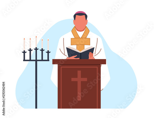 Catholic church minister preaches sermon. Priest religious speech, holy scriptures from gospel. Holy Father standing wearing priestly robes. Cartoon flat style isolated vector concept