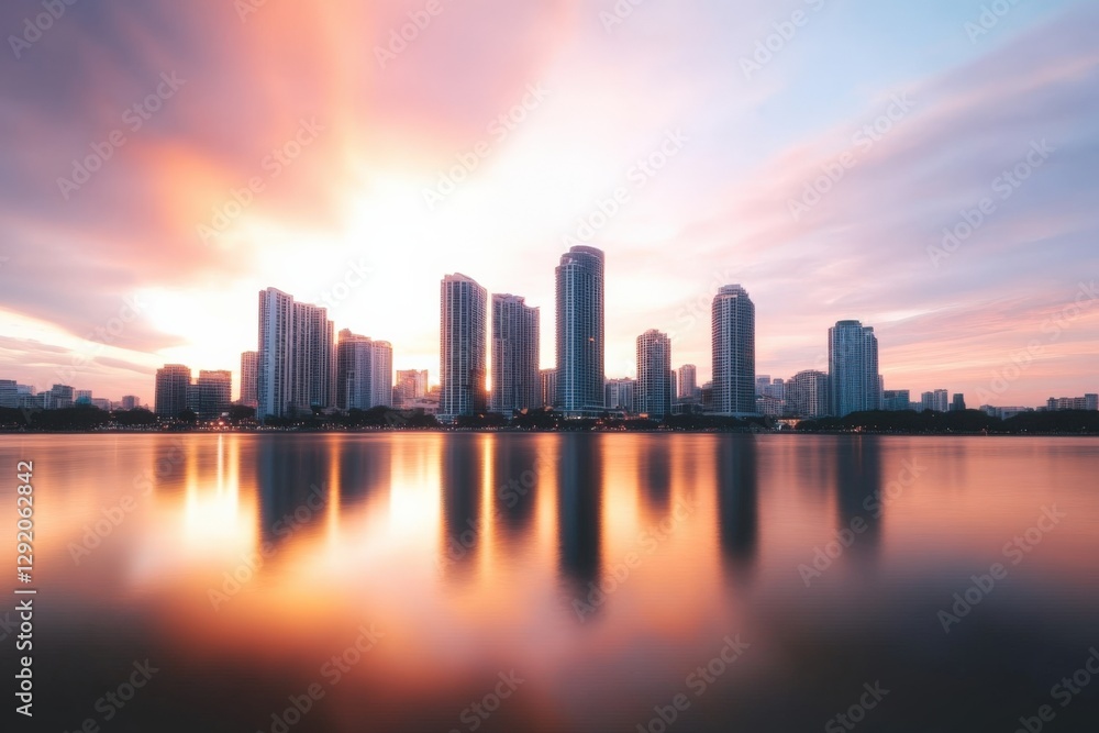 urban skyline reflected on calm water at sunset urban skyline reflected on calm water at sunset