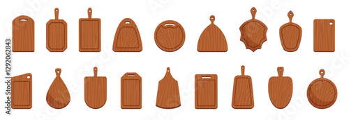 Cartoon wooden cutting boards. Different shapes eco chopping plates, kitchen accessories for slicing food, textured desks, empty natural kitchenware nowaday vector isolated set