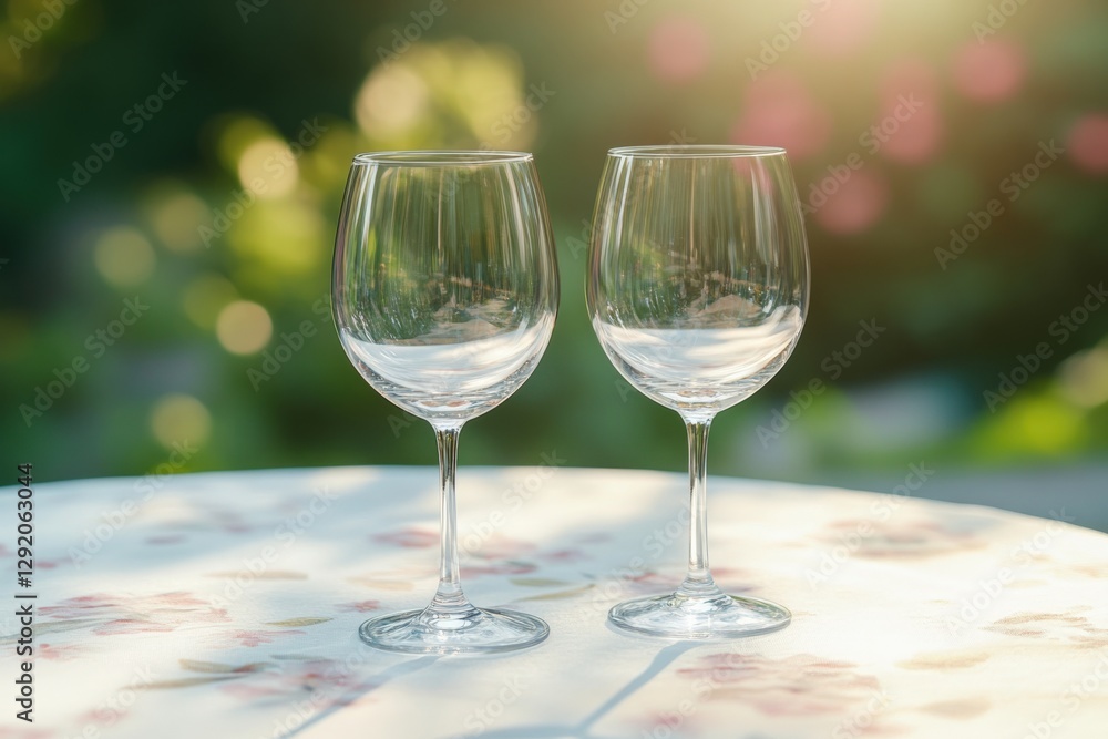 two Empty Wine Glasses on a Table in Sunlight two Empty Wine Glasses on a Table in Sunlight