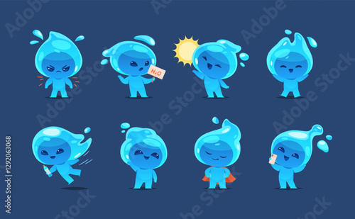 Cartoon water drop character. Funny face, kids mascot, clear liquid man, cute fluid bubble creature, different actions and poses, happy pure drink, comic beverage talisman, tidy vector set
