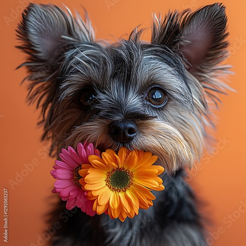 Yorkshire terrier with blooming flowers images