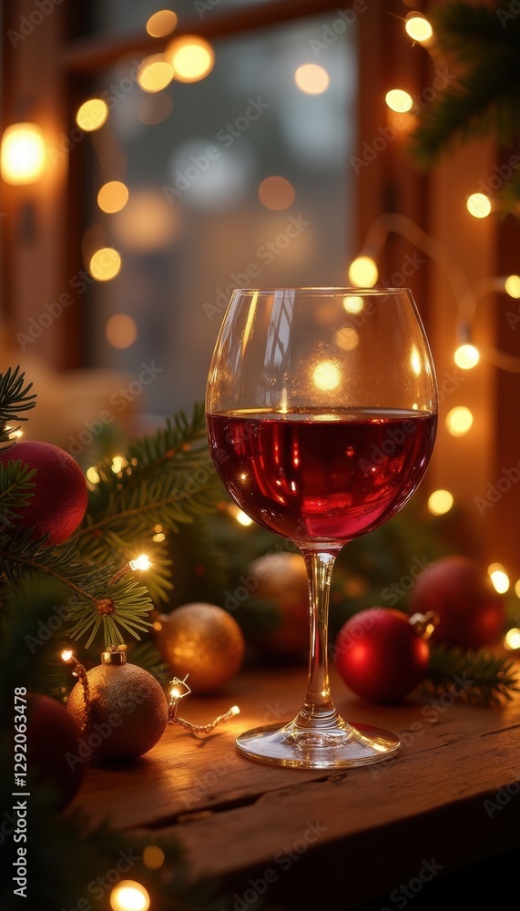 A festive glass of red wine surrounded by holiday decorations and warm lights, perfect for celebrating special moments. A festive glass of red wine surrounded by holiday decorations and warm lights, perfect for celebrating special moments.