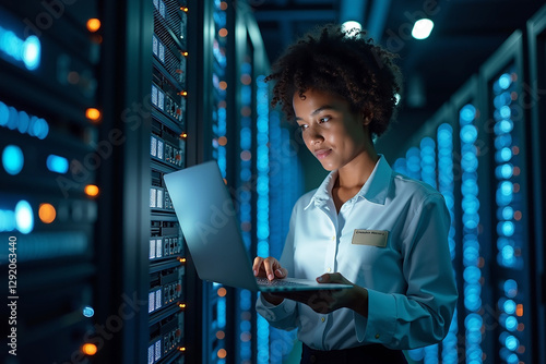 New Engineering working with a laptop in server room