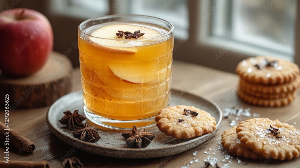 Apple juice with spices and cookies for a cozy autumn experience. Generative AI Apple juice with spices and cookies for a cozy autumn experience. Generative AI