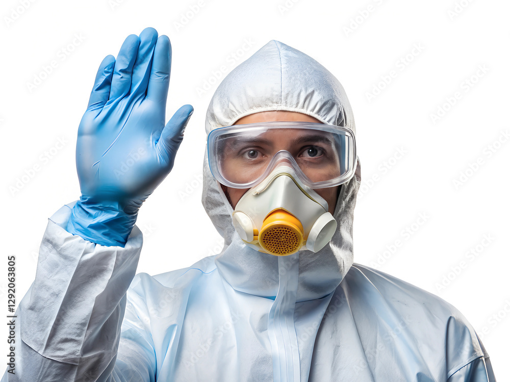 industrial scientist wearing disposable protective suit, mask and goggle raising hand isolated on the white background industrial scientist wearing disposable protective suit, mask and goggle raising hand isolated on the white background