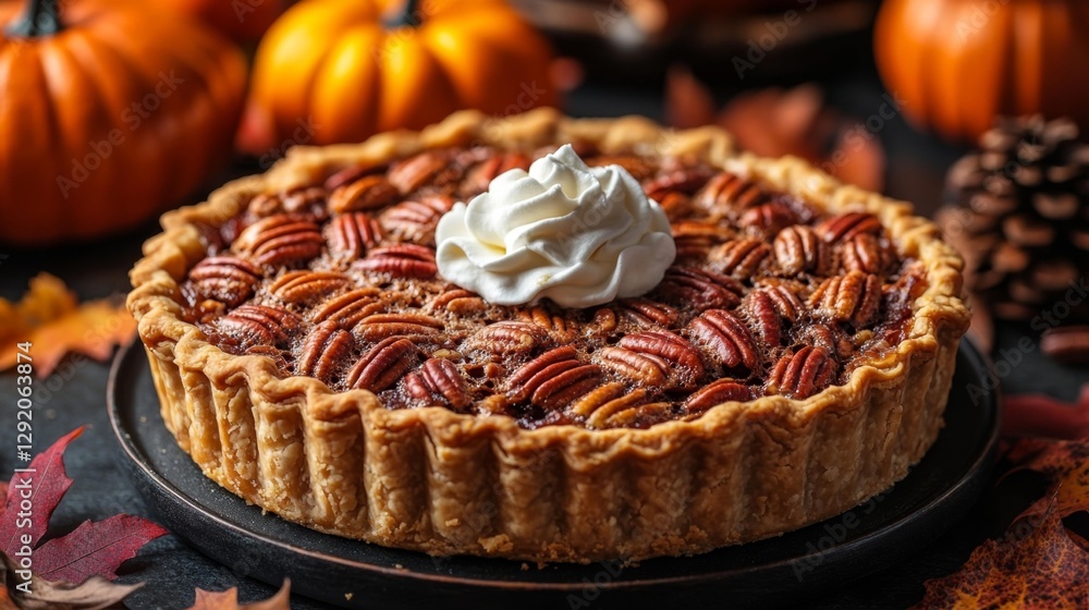 Pecan Pie with Whipped Cream and Autumn Decor in Fall Setting. Generative AI Pecan Pie with Whipped Cream and Autumn Decor in Fall Setting. Generative AI