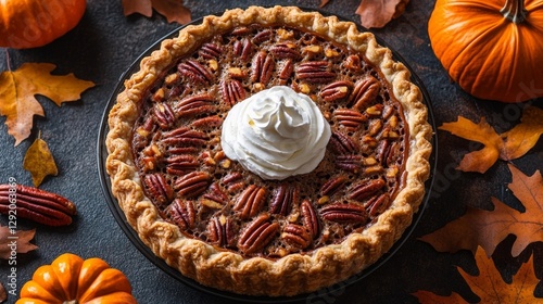 Pecan Pie with Whipped Cream and Autumn Decorations. Generative AI photo