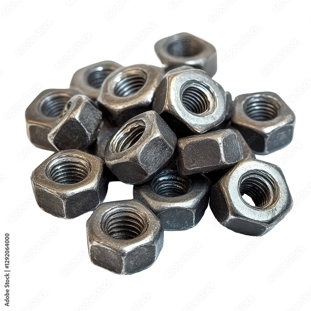 Small pile of metal nuts isolated on a clean Transparent background for hardware and engineering applications, Small pile metal nuts isolated on PNG background Small pile of metal nuts isolated on a clean Transparent background for hardware and engineering applications, Small pile metal nuts isolated on PNG background