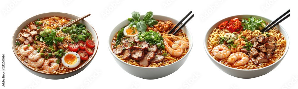 Set of shrimp ramen bowls with vegetables - isolated PNG, transparent background, cut out Set of shrimp ramen bowls with vegetables - isolated PNG, transparent background, cut out