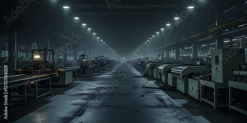 Factory in total darkness except for emergency lights, power outage, industrial shutdown, energy failure

