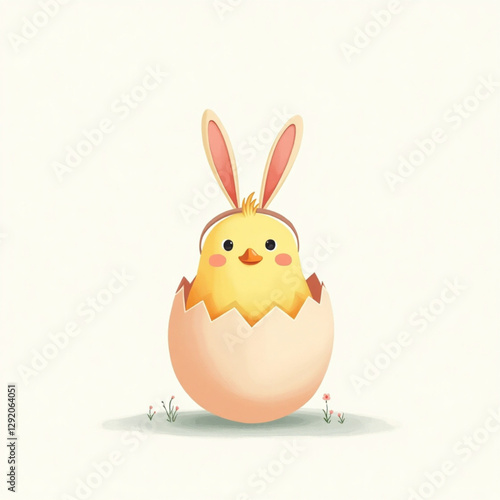 Vector illustration. Easter egg hunt poster invitation template vector in pastel color. Cute Chicken creacking from egg shell wearing easter bunny ear isolated on a white background. 