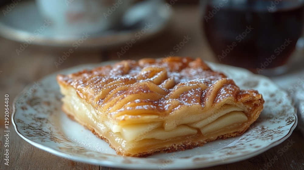 A close-up of a flaky pear pastry dusted with sugar served on a vintage porcelain plate alongside a hot beverage. Generative AI A close-up of a flaky pear pastry dusted with sugar served on a vintage porcelain plate alongside a hot beverage. Generative AI