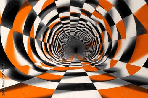 Swirling orange and black checkered tunnel creating an optical illusion effect