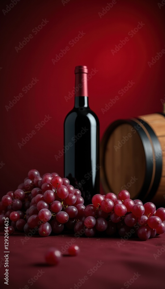 Obraz premium A stunning arrangement of a wine bottle, red grapes, and a wooden barrel, set against a rich red background, perfect for wine-related marketing and branding.