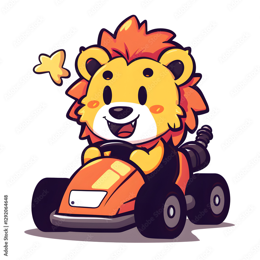 Löwe im Go-Kart Cartoon-Stil Löwe im Go-Kart Cartoon-Stil