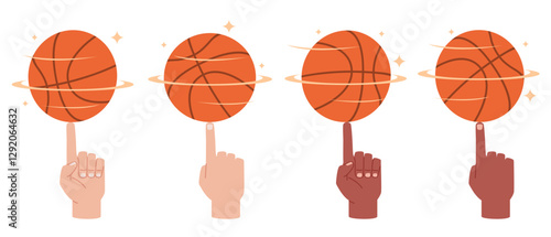 Basketball spins on your finger. Different hand skin colors, spinning ball. Professional athlete arms front and back, rotate. Colorful icon. Cartoon flat style isolated vector concept