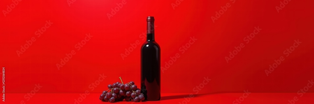 Obraz premium Elegant red wine bottle with grapes set against a vibrant red background, perfect for advertising, promotions, or editorial use related to wine and dining.