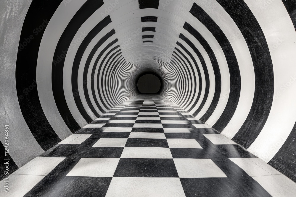 Obraz premium Checkered floor leads into a psychedelic circular tunnel with black and white stripes creating an optical illusion