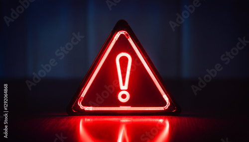 Glowing neon red triangle sign, exclamation point on dark. Warning indicator. Alert signal.
