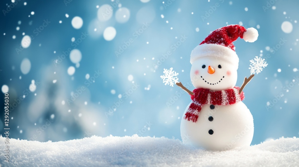 3D cheerful snowman character on a blue background with snowflakes and snow. A cheerful banner for the celebration of merry winter holidays. Vector illustration. 3D cheerful snowman character on a blue background with snowflakes and snow. A cheerful banner for the celebration of merry winter holidays. Vector illustration.