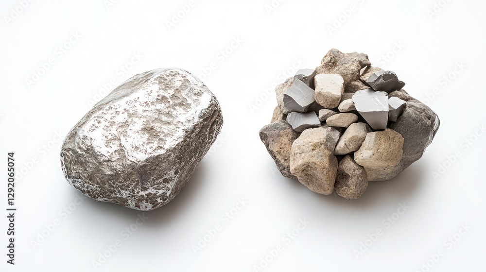 Single & pile of stones on white background, geology sample Single & pile of stones on white background, geology sample
