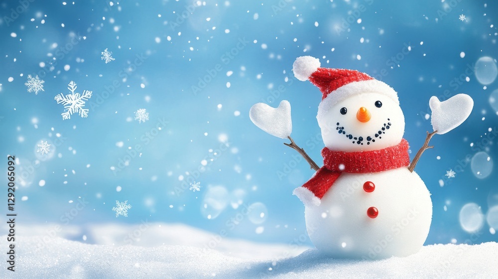 3D cheerful snowman character on a blue background with snowflakes and snow. A cheerful banner for the celebration of merry winter holidays. Vector illustration. 3D cheerful snowman character on a blue background with snowflakes and snow. A cheerful banner for the celebration of merry winter holidays. Vector illustration.