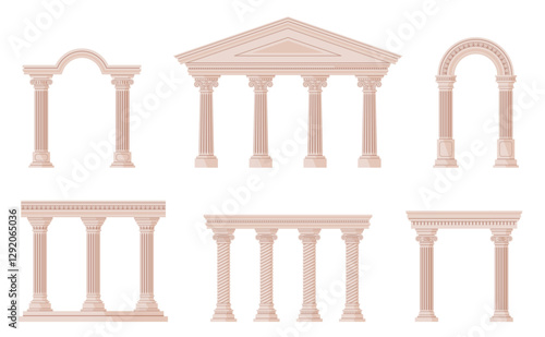 Antique arches. Ancient greek columns, marble stone classic pillars, doric, ionic, corinthian orders, architecture building elements, exterior facade, nowaday vector cartoon flat isolated set