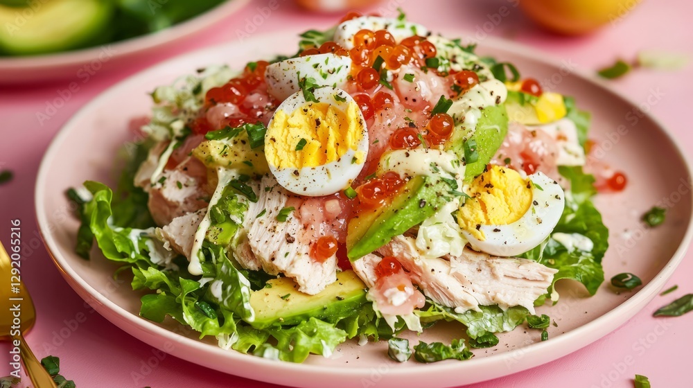 Delicious layered salad featuring lettuce, avocado, and chicken. Delicious layered salad featuring lettuce, avocado, and chicken.