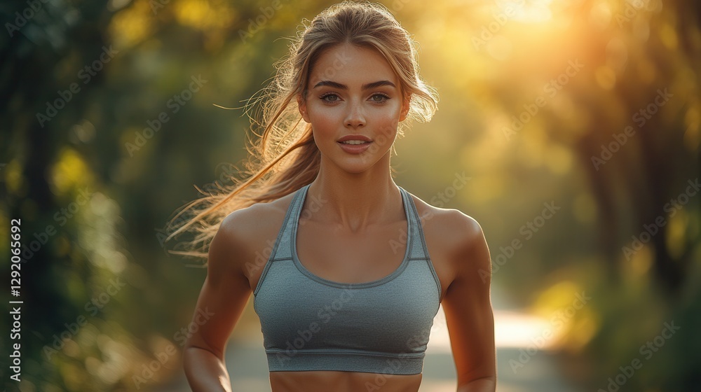 Fit Woman Jogging in Sunlit Forest Path During Golden Hour Fit Woman Jogging in Sunlit Forest Path During Golden Hour
