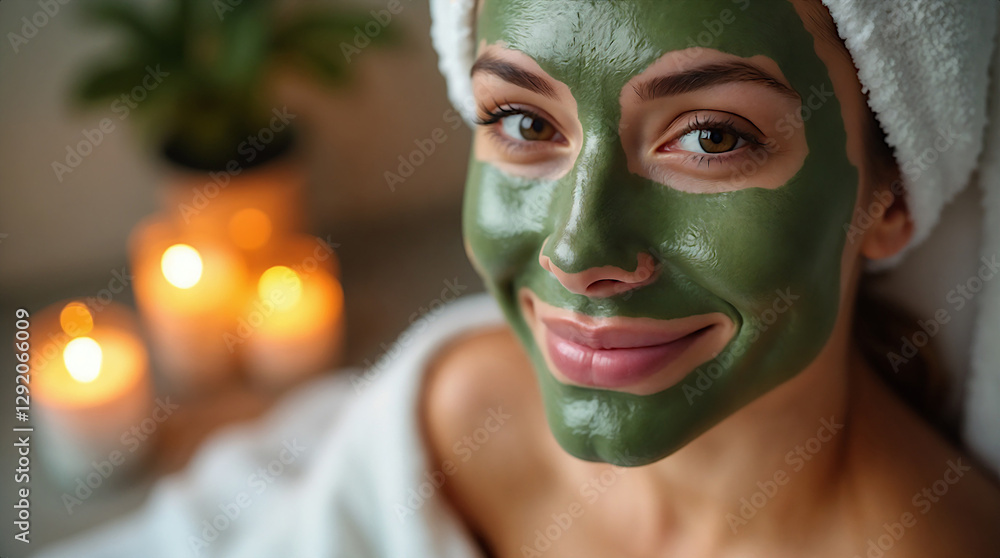 Woman with a green face mask on a neutral background, skincare concept. Woman with a green face mask on a neutral background, skincare concept.