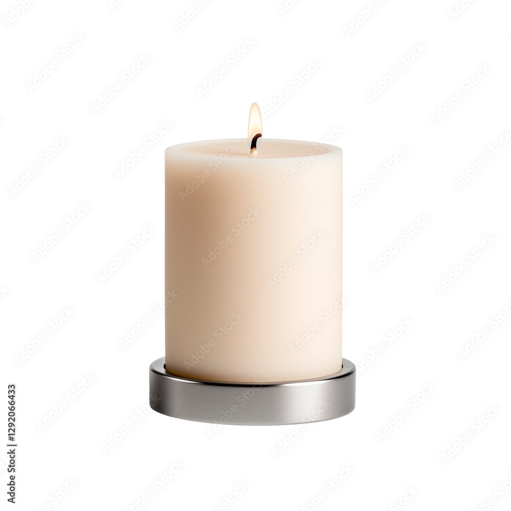 Elegant white pillar candle in sleek modern metal holder adds warmth to contemporary decor Elegant white pillar candle in sleek modern metal holder adds warmth to contemporary decor