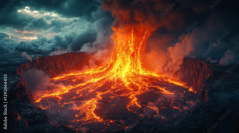 Majestic eruption of a volcano with glowing lava and fiery sky at sunset. Generative AI Majestic eruption of a volcano with glowing lava and fiery sky at sunset. Generative AI
